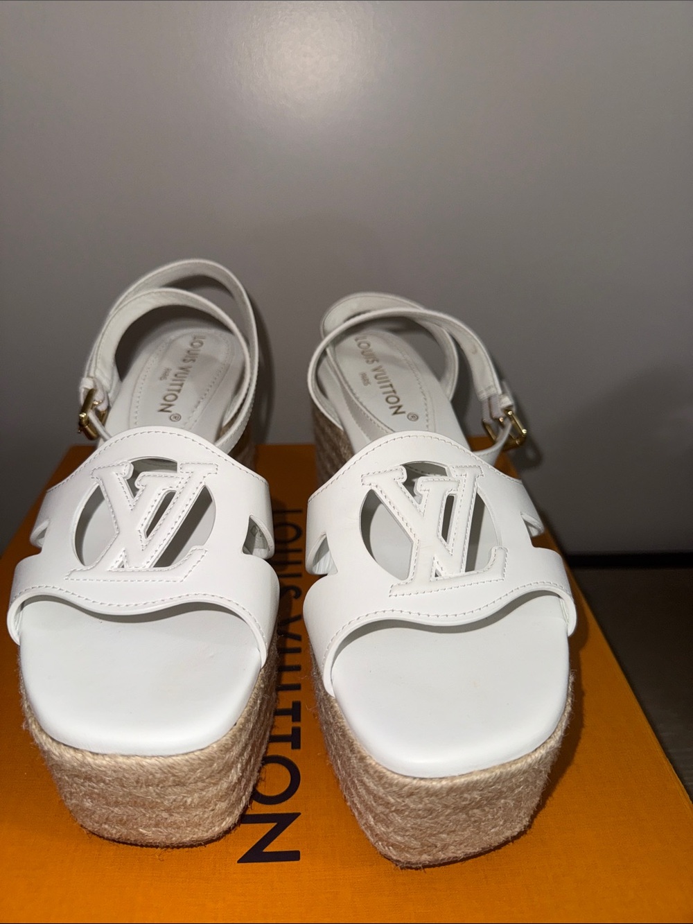 Louis Vuitton White Leather LV Cutout Espadrille Platform Sandals